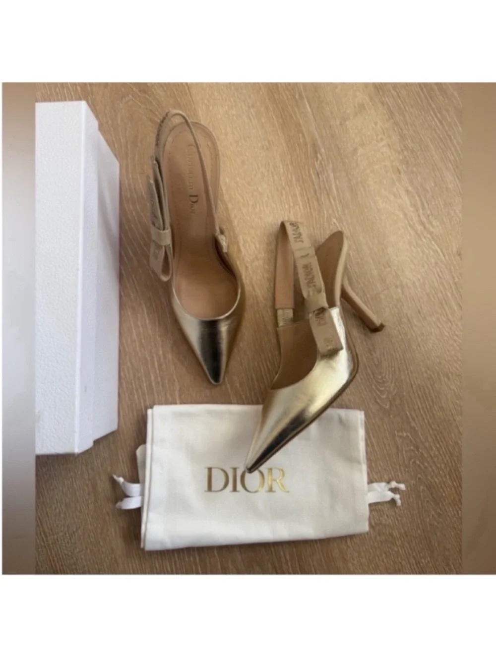 Dior J’ADIOR Metallic Gold Slingback Heels Size 39 Pointed Toe